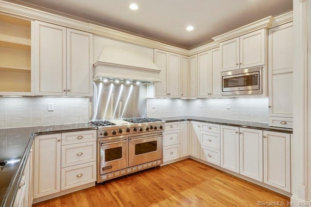 kitchen featuring backsplash, dark countertops, premium range hood, and stainless steel appliances