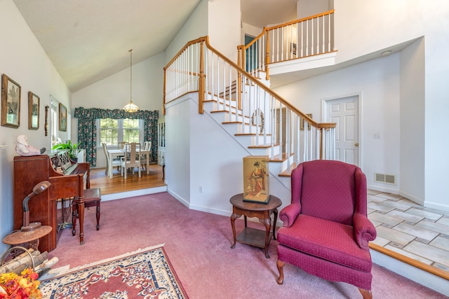 14 Fieldstone Dr, Mansfield, CT 06268 - stairs featuring high vaulted ceiling and carpet floors