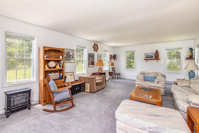 14 Fieldstone Dr, Mansfield, CT 06268 - living room featuring a wood stove, carpet, and a baseboard radiator