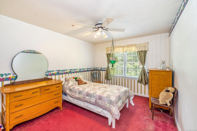 14 Fieldstone Dr, Mansfield, CT 06268 - bedroom featuring wallpapered walls, carpet floors, a textured ceiling, and ceiling fan