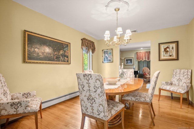dining area featuring visible vents, a baseboard radiator, light wood-type flooring, and a notable chandelier