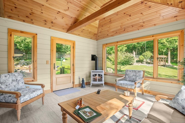 sunroom / solarium featuring wood walls, a wood stove, wooden ceiling, and lofted ceiling with beams