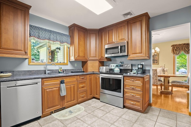 kitchen with brown cabinetry, a sink, visible vents, and stainless steel appliances