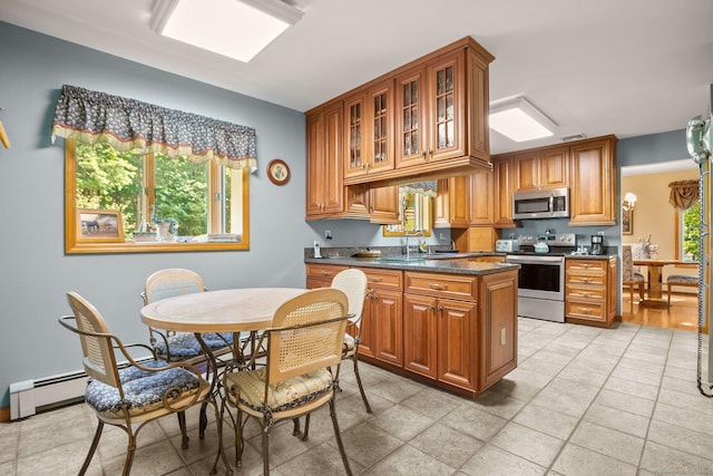 kitchen with stainless steel appliances, a sink, brown cabinetry, and dark countertops
