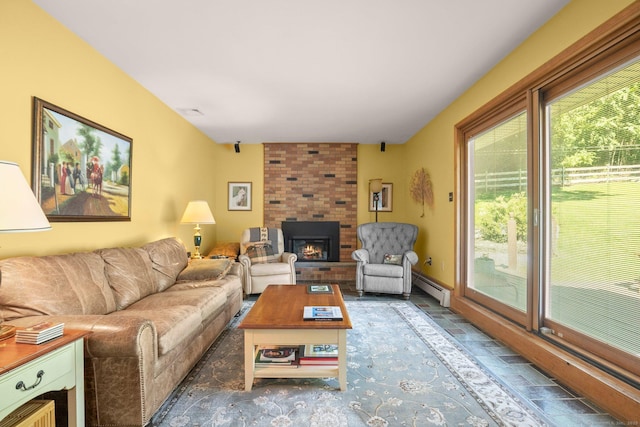 living room featuring a fireplace and baseboard heating