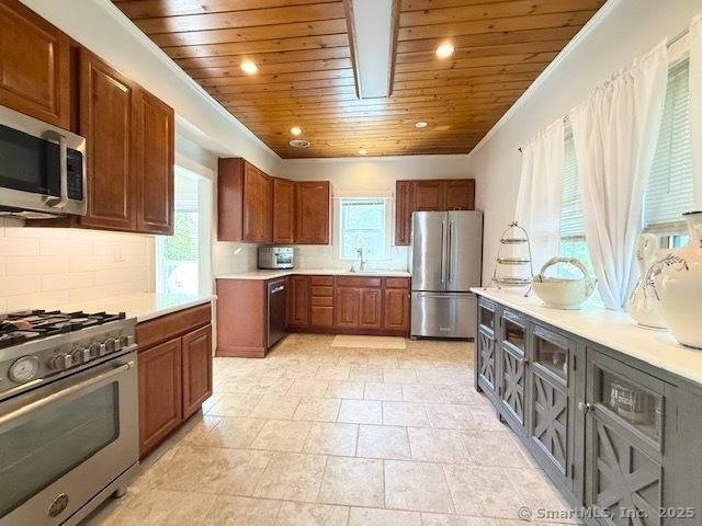 kitchen featuring a sink, appliances with stainless steel finishes, wood ceiling, and a wealth of natural light