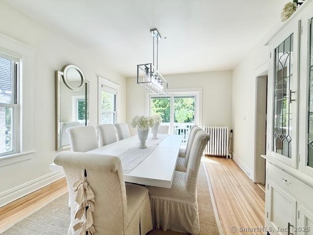 dining space with radiator heating unit, baseboards, and light wood-type flooring