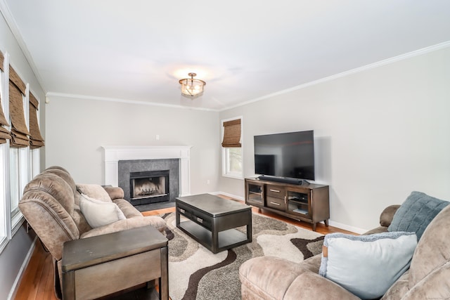 5A Big Buck Ln, Brookfield, CT 06804 - living area with a premium fireplace, wood finished floors, baseboards, and ornamental molding