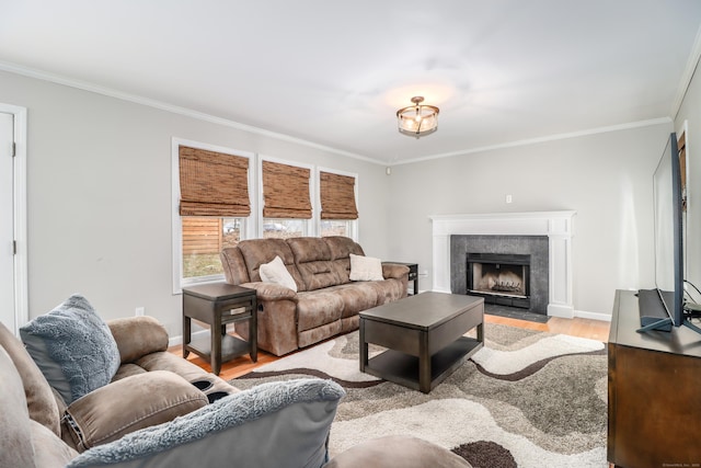 5A Big Buck Ln, Brookfield, CT 06804 - living room with light wood finished floors, a high end fireplace, ornamental molding, and baseboards