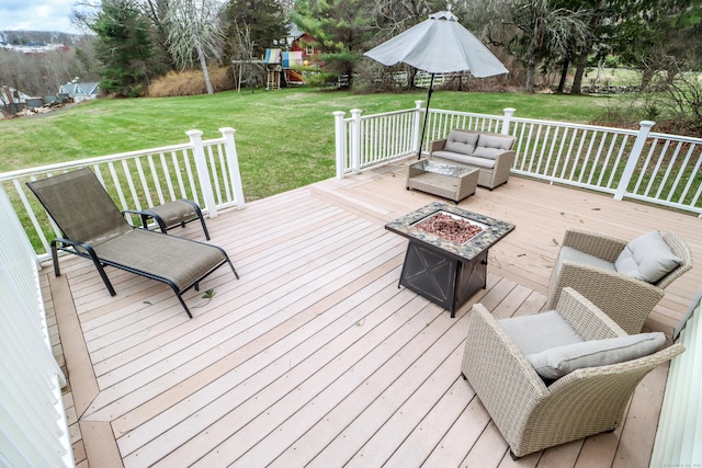 5A Big Buck Ln, Brookfield, CT 06804 - wooden terrace with an outdoor living space with a fire pit, a playground, and a lawn