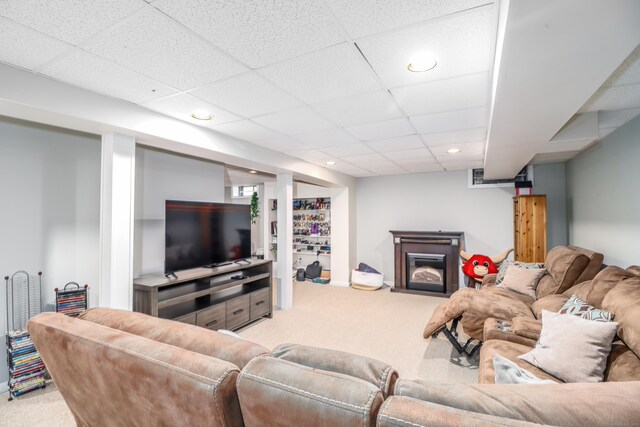 5A Big Buck Ln, Brookfield, CT 06804 - living area with light carpet, a paneled ceiling, a glass covered fireplace, and recessed lighting