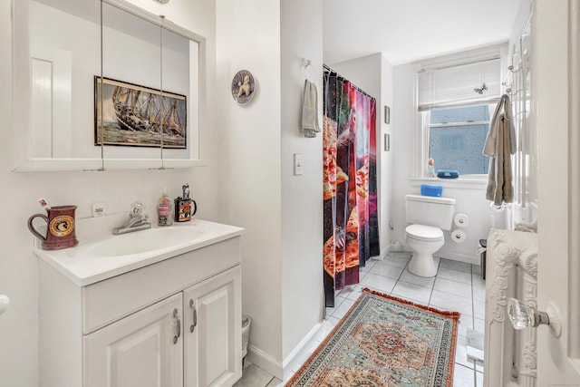 172 Prospect Ave, Shelton, CT 06484 - bathroom featuring a shower with shower curtain, vanity, baseboards, tile patterned flooring, and toilet