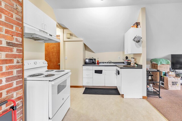 172 Prospect Ave, Shelton, CT 06484 - kitchen with dark countertops, white cabinets, under cabinet range hood, a sink, and white range with electric cooktop