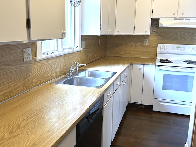 kitchen featuring white cabinetry, black dishwasher, under cabinet range hood, white range with electric stovetop, and a sink