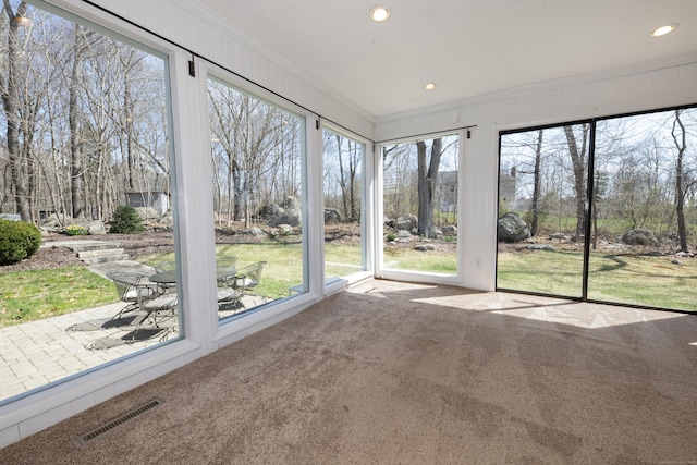 170 Barker Hill Dr, Guilford, CT 06437 - unfurnished sunroom featuring carpet floors, ornamental molding, healthy amount of natural light, and recessed lighting