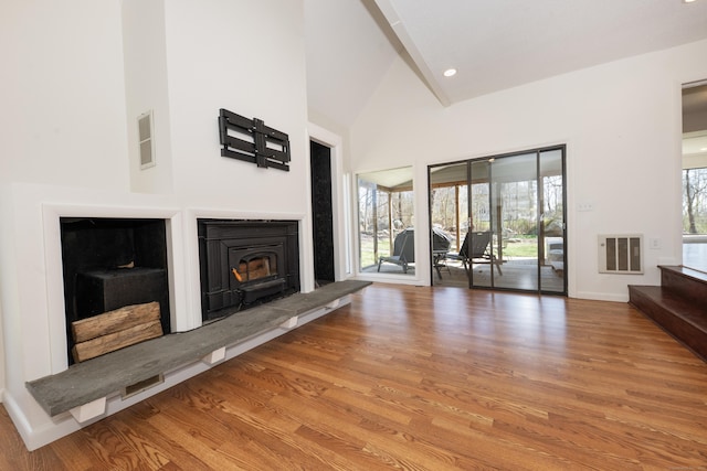 170 Barker Hill Dr, Guilford, CT 06437 - unfurnished living room featuring wood finished floors, high vaulted ceiling, and recessed lighting