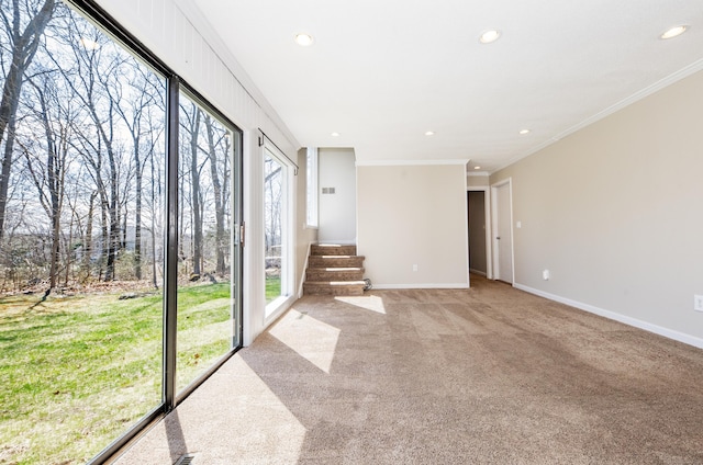 170 Barker Hill Dr, Guilford, CT 06437 - spare room featuring light carpet, recessed lighting, ornamental molding, and stairs