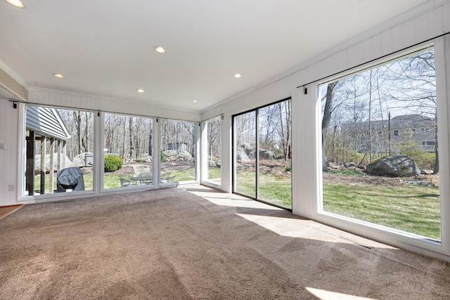 170 Barker Hill Dr, Guilford, CT 06437 - unfurnished sunroom with crown molding, carpet, and recessed lighting