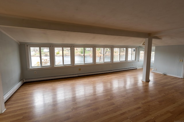 24 Echo Point Rd, Guilford, CT 06437 - unfurnished room featuring a baseboard heating unit, plenty of natural light, wood finished floors, ornamental molding, and decorative columns