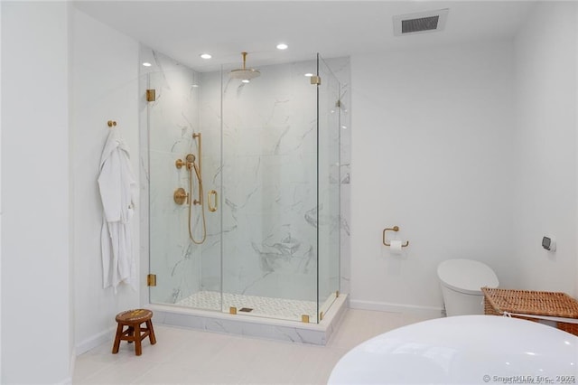 bathroom with recessed lighting, baseboards, visible vents, and a marble finish shower