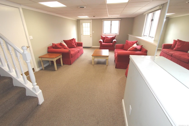 112 Paugassett Ln Unit 112, Shelton, CT 06484 - living area featuring light colored carpet, a paneled ceiling, stairs, and baseboards