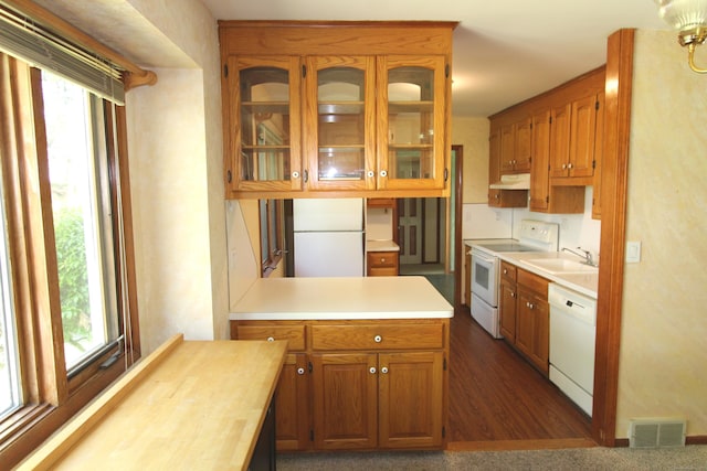 112 Paugassett Ln Unit 112, Shelton, CT 06484 - kitchen with white appliances, under cabinet range hood, healthy amount of natural light, and brown cabinets