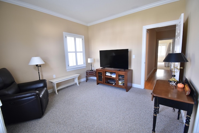 carpeted living area with crown molding and baseboards