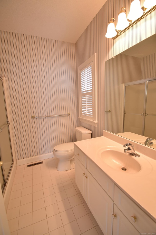 full bath with visible vents, toilet, a stall shower, wallpapered walls, and tile patterned floors