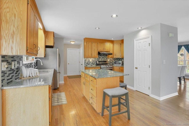 kitchen with under cabinet range hood, baseboards, backsplash, and stainless steel appliances