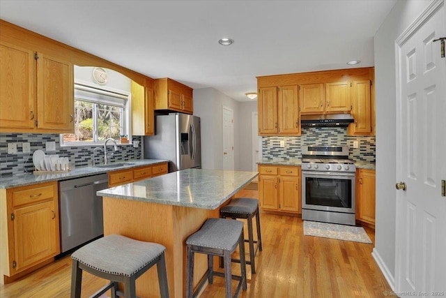 kitchen featuring a breakfast bar, backsplash, under cabinet range hood, stainless steel appliances, and a sink