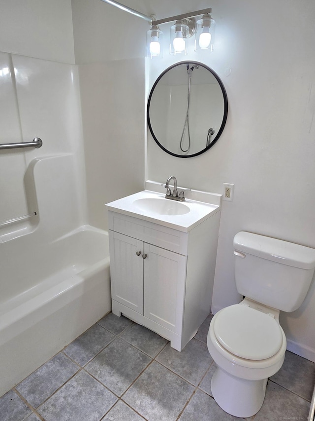 full bathroom with toilet,  shower combination, tile patterned flooring, and vanity