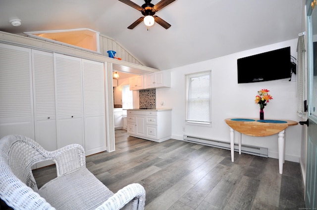 300 Mile Creek Rd, Old Lyme, CT 06371 - living area featuring baseboard heating, a ceiling fan, lofted ceiling, light wood-style floors, and baseboards