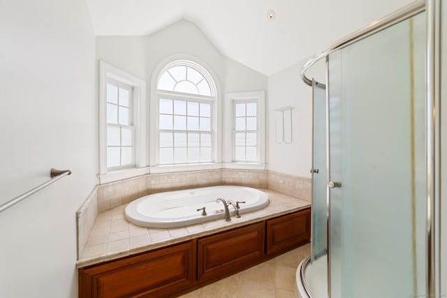 569 Lake Winnemaug Rd, Watertown, CT 06795 - full bathroom with a garden tub, vaulted ceiling, tile patterned flooring, and a stall shower