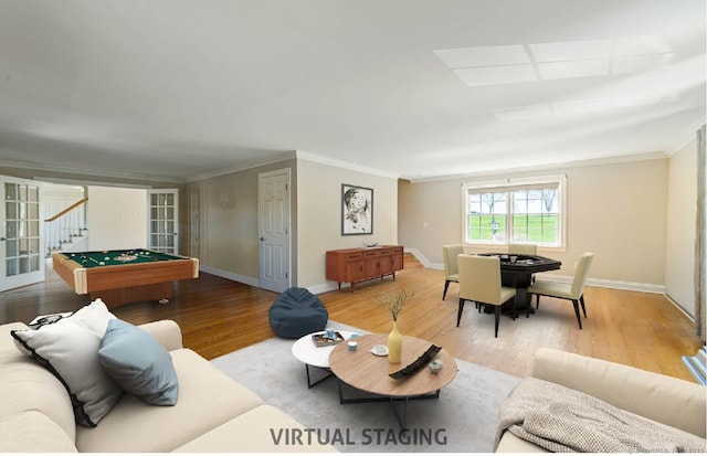 569 Lake Winnemaug Rd, Watertown, CT 06795 - living area with stairway, wood finished floors, crown molding, pool table, and baseboards