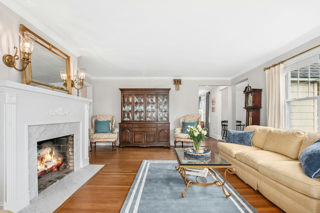 15 Devonshire Dr, Darien, CT 06820 - living room with wood finished floors, a premium fireplace, and ornamental molding
