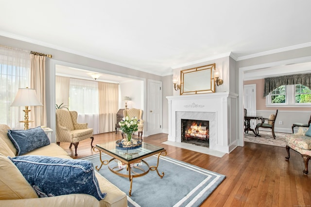 15 Devonshire Dr, Darien, CT 06820 - living area with wood-type flooring, a fireplace, and crown molding