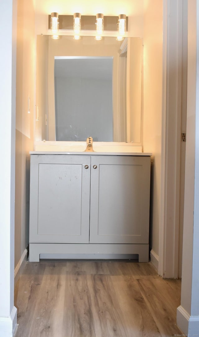 interior space featuring baseboards, wood finished floors, and a sink
