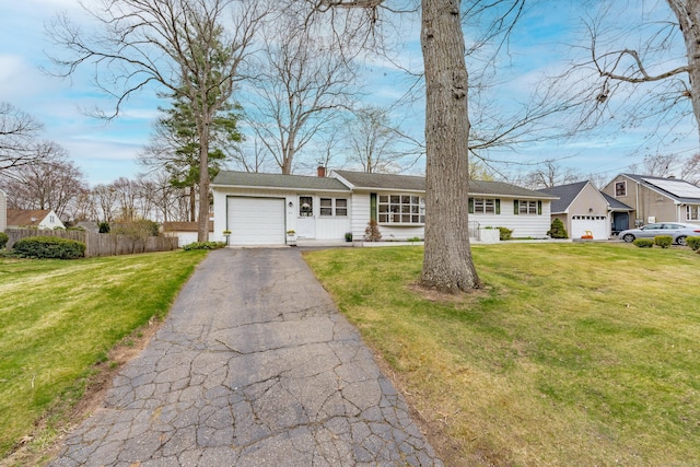 33 Wagon Rd, Enfield, CT 06082 - single story home featuring a chimney, aphalt driveway, fence, an attached garage, and a front yard