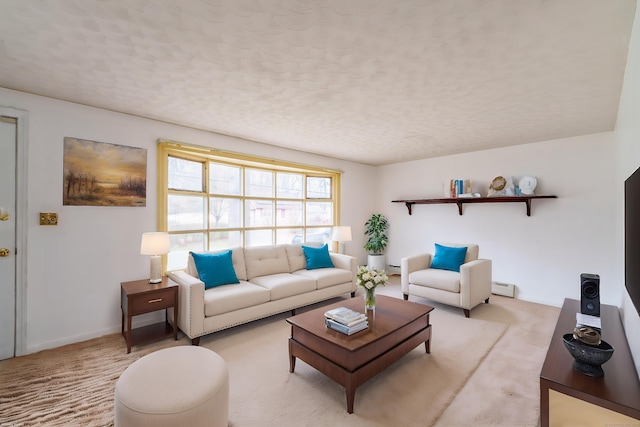 33 Wagon Rd, Enfield, CT 06082 - living room with a baseboard heating unit, light carpet, a textured ceiling, and baseboards