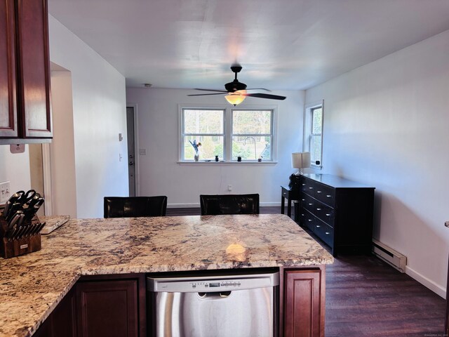 kitchen featuring a peninsula, a healthy amount of sunlight, a baseboard radiator, a ceiling fan, and stainless steel dishwasher