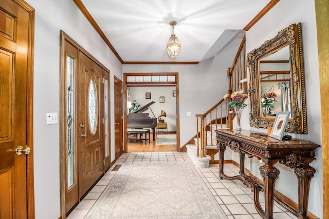3 Huntington Ln, New Fairfield, CT 06812 - entrance foyer featuring stairway, crown molding, light tile patterned floors, and baseboards