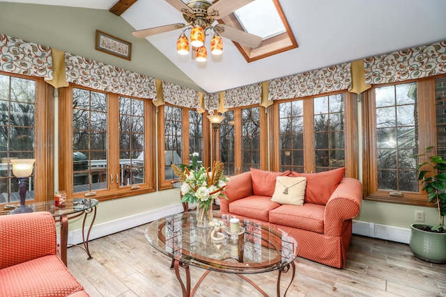 3 Huntington Ln, New Fairfield, CT 06812 - sunroom with baseboard heating, a skylight, wood finished floors, and baseboards