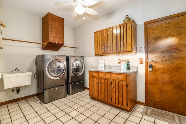 3 Huntington Ln, New Fairfield, CT 06812 - laundry room with cabinet space, washer and dryer, a ceiling fan, and baseboards