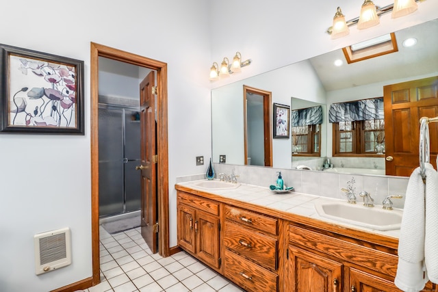 3 Huntington Ln, New Fairfield, CT 06812 - bathroom with heating unit, double vanity, a stall shower, tile patterned floors, and vaulted ceiling
