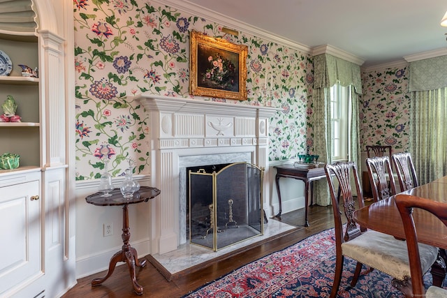 8 Bayberry Hl, Roxbury, CT 06783 - living area featuring wallpapered walls, ornamental molding, a premium fireplace, wood finished floors, and baseboards