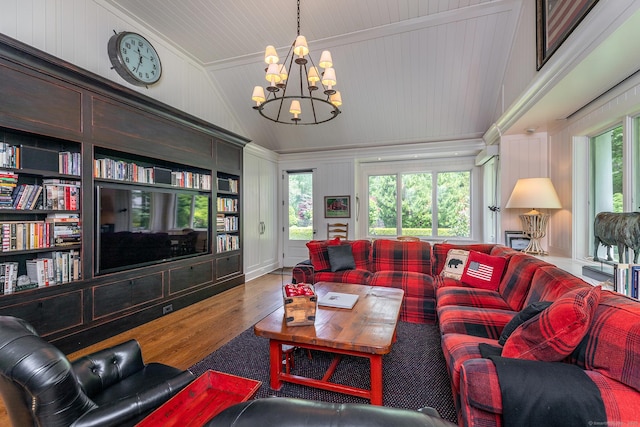 8 Bayberry Hl, Roxbury, CT 06783 - living room with a chandelier, wood finished floors, and vaulted ceiling