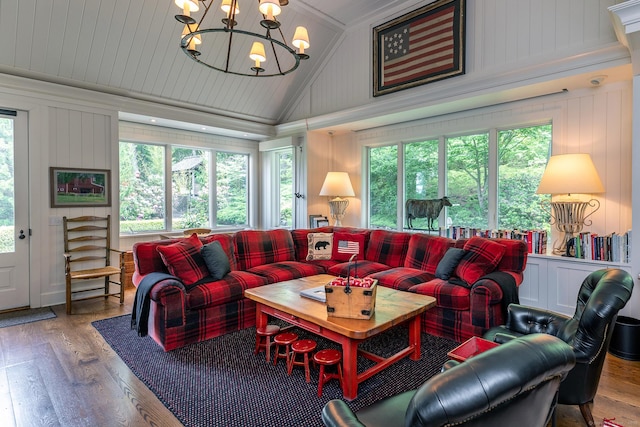 8 Bayberry Hl, Roxbury, CT 06783 - living room with vaulted ceiling, wood finished floors, and a chandelier
