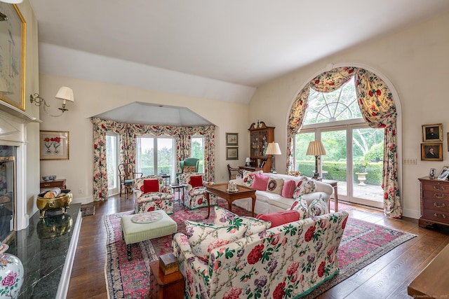 8 Bayberry Hl, Roxbury, CT 06783 - living area with hardwood / wood-style floors, baseboards, and vaulted ceiling