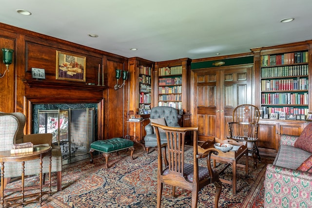 8 Bayberry Hl, Roxbury, CT 06783 - living area featuring built in features, recessed lighting, and wood finished floors