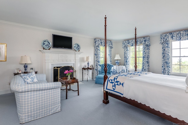 8 Bayberry Hl, Roxbury, CT 06783 - carpeted bedroom with crown molding, wallpapered walls, and a high end fireplace